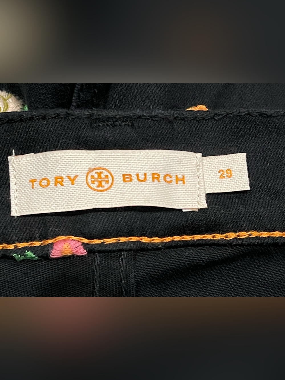TORY BURCH Brindle Black Floral Embroidered Denim Jeans Pant size 29 - Picture 7 of 8